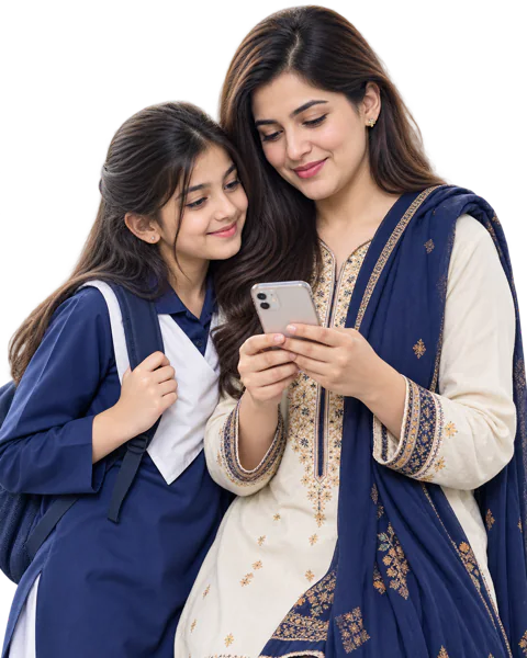A parent and school-aged student looking at a phone.